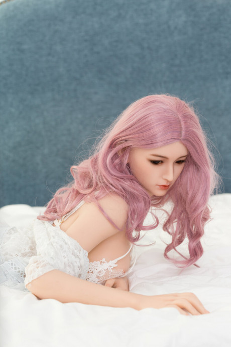 Purple-haired sex doll Sean posing on her bed in see-through lace lingerie - #242544