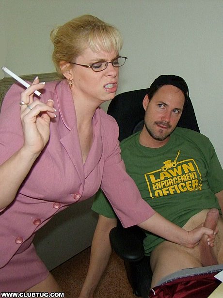 Smoking cougar blondy in glasses gets a cumshot on her massive breasts - Image 2 of 16  in Skirt category   featuring Cameron Keys 