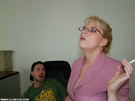 Smoking cougar blondy in glasses gets a cumshot on her massive breasts - Image 5 of 16  in Skirt category   featuring Cameron Keys 