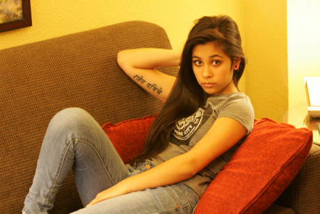 Beautiful Arab teenie model posing in her shirt and tight jeans at a casting - #900306
