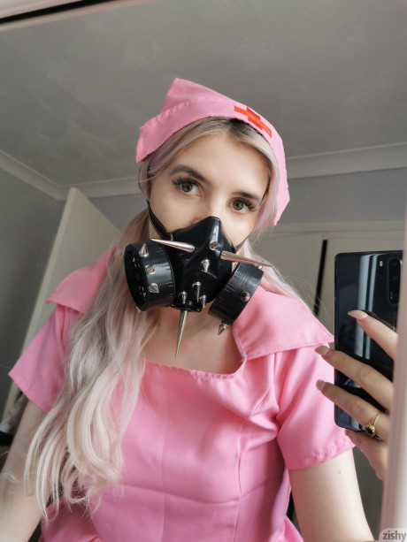 Sleazy Quarantine Challenge sheds her nurse costume & poses in a gas mask - #334756