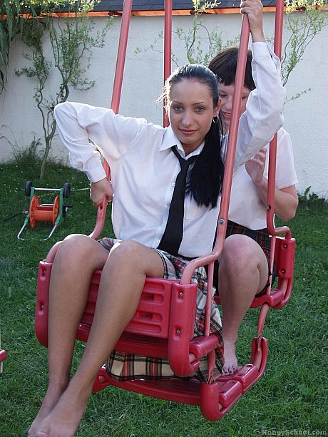 Schoolgirls are tied up with rope after stripping to their underthings - Image 2 of 15  in Lesbian category  
