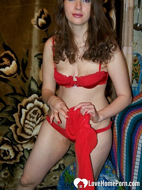 Brunette female in red undies undresses and toys her twat in a solo - Image 2 of 20  in Masturbation category