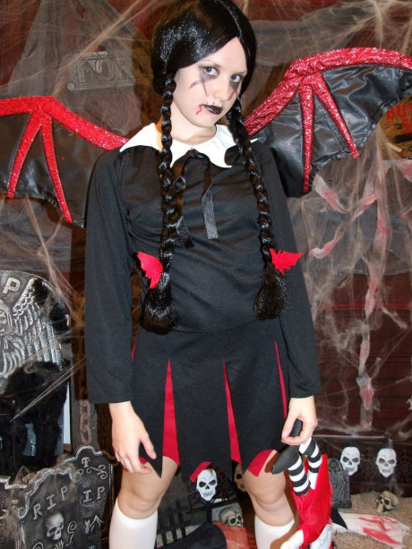 Pigtailed chinese MILF Kitty strips to pose undressed in a horror cosplay solo - #1543676