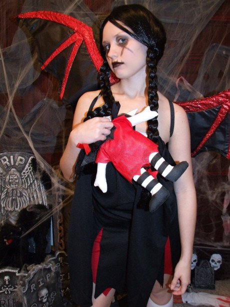 Pigtailed chinese MILF Kitty strips to pose undressed in a horror cosplay solo - #1543678