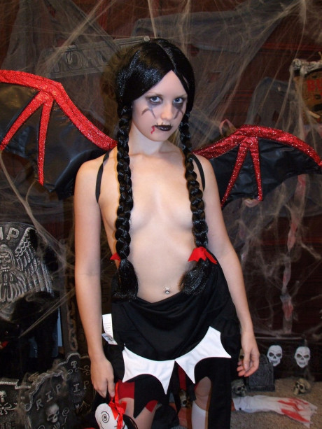 Pigtailed chinese MILF Kitty strips to pose undressed in a horror cosplay solo - #1543679