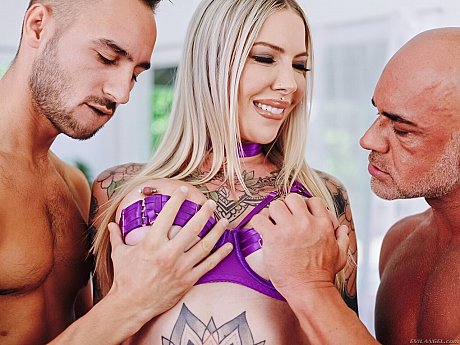 Tattooed blonde Cassidy Luxe gets double poked in a purple undies ensemble - Image 6 of 15  in Legs category   featuring Christian Clay, Milan Ponjevic, Cassidy Luxe 