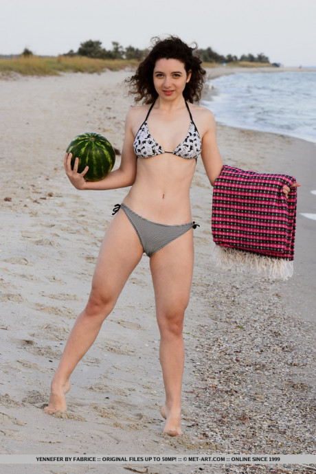Young solo girl girl woman Yennefer takes off her bikini to eat a watermelon in the naked - #1081690