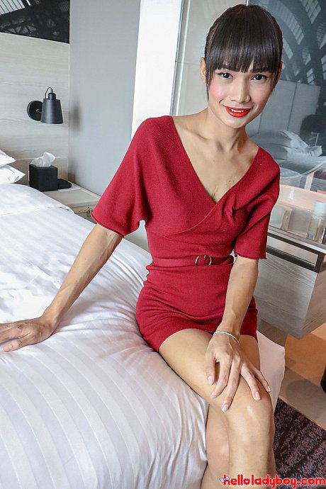 Brunette oriental tranny Mei removes her red dress and poses in lingerie - Image 1 of 20  in Ladyboy category   featuring Ladyboy Mei 