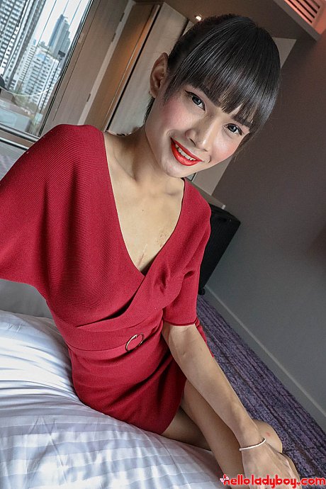 Brunette oriental tranny Mei removes her red dress and poses in lingerie - Image 6 of 20  in Ladyboy category   featuring Ladyboy Mei 