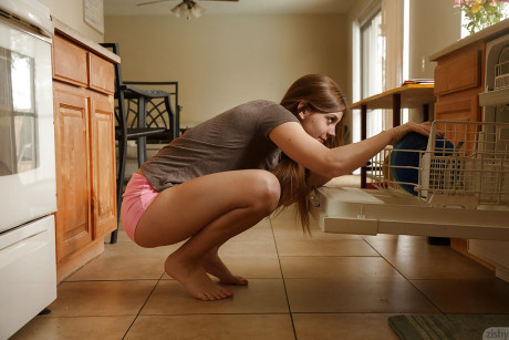 Attractive brunette young Aubrey Snow bending over on the kitchen floor - #464214