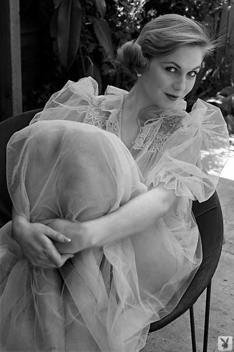 Centerfold old lady Jonnie seductively posing bare-breasted in a black & white shoot - #790145