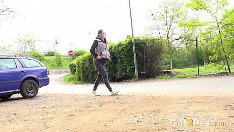 White slut girl girl Lara Fox squats for an urgent piss behind an automobile - Image 15 of 15  in Pussy category   featuring Lara Fox 