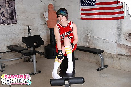 Amateur lady GF lady Sabrina Squirts takes a huge pee on a weightlifting bench in socks - Image 1 of 12  in Masturbation category   featuring Sabrina Squirts 