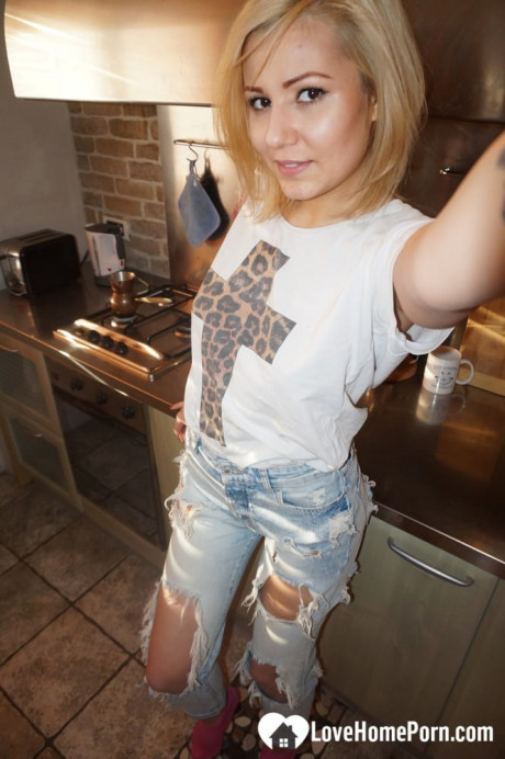 Sleazy yellow-haired amateur shows her pretty delicious breasts & takes selfies around the house - #1314717