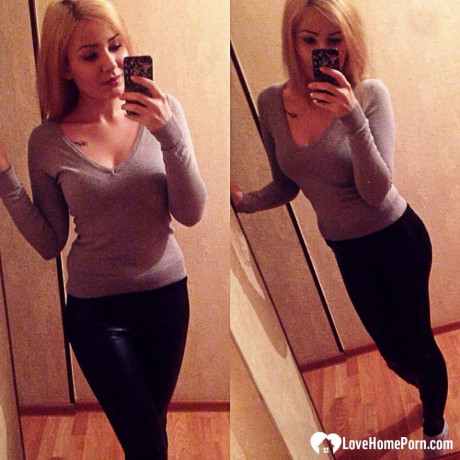 Sleazy yellow-haired amateur shows her pretty delicious breasts & takes selfies around the house - #1314727