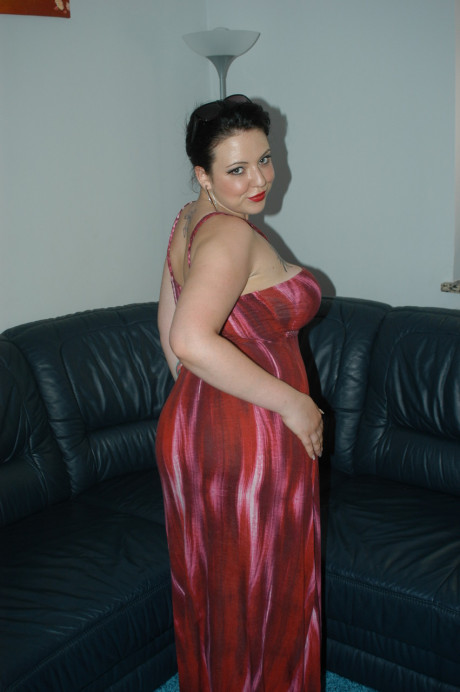 Filthy German MILF Pam hikes her red dress up and masturbates with a vibrator - #641485