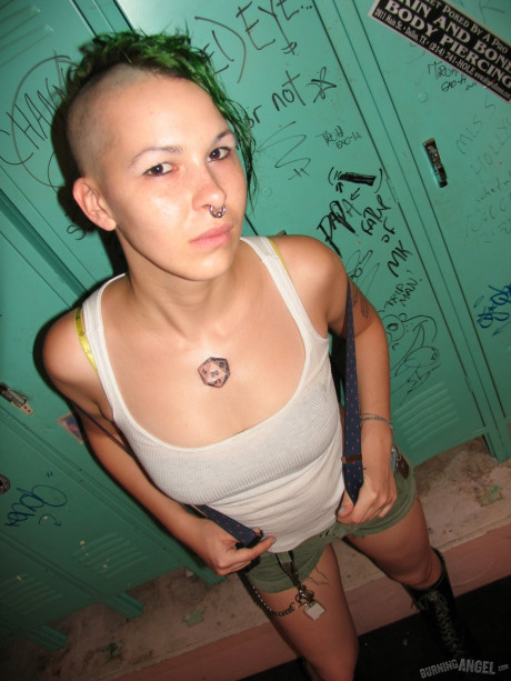 Smoking green haired fetish freak Chapel poses nude in the locker room - #1341945