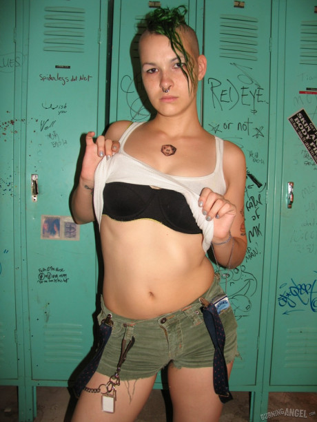 Smoking green haired fetish freak Chapel poses nude in the locker room - #1341947