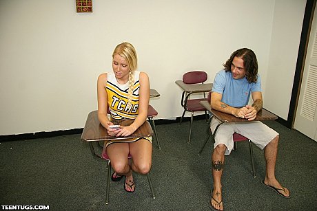 Sexy cheerleader Vanessa cell kneels down & gives her classmate a handjob - Image 2 of 21  in Non Nude category   featuring Vanessa Cage 