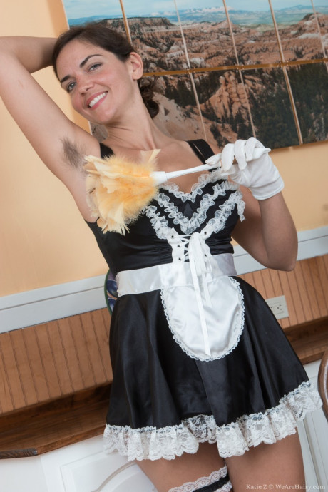 Hot maid in uniform Katie Z strips to show her silky snatch & pits - #1100792
