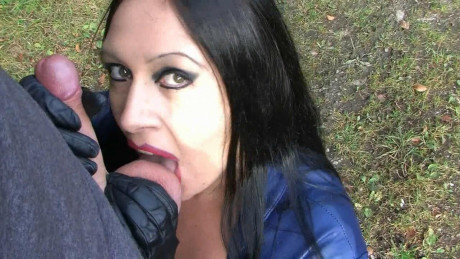 Pictures Blue Leather girl broad with black Leather Gloves Outdoor bj & Handjob - #97191