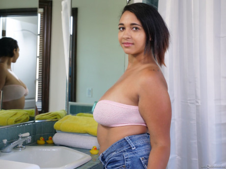 Latina slut girlfriend woman with gigantic natural tits  Emori Pleezer swallows schlong in the bathroom - #749006