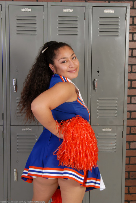 Thin curly haired cheerleader Reena shows her meaty behind and bushy snatch - #1426686