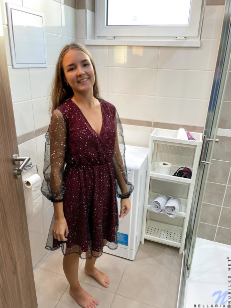 Charming teen Bellaria reveals her tan lined body while showering - #1474876