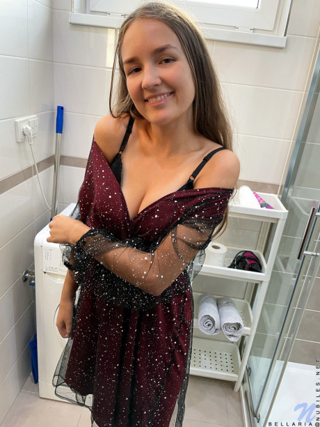 Charming teen Bellaria reveals her tan lined body while showering - #1474877