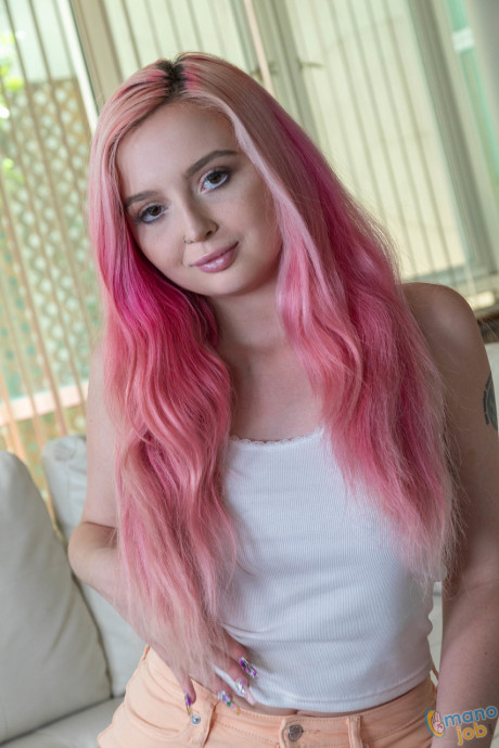 Cute skank GF girl with pink hair and pierced nipples pleasures a rod in POV mode - #1297576