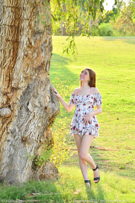 Glamorous young Myra peels off her beautiful summer dress to pose naked outdoors - #1293748