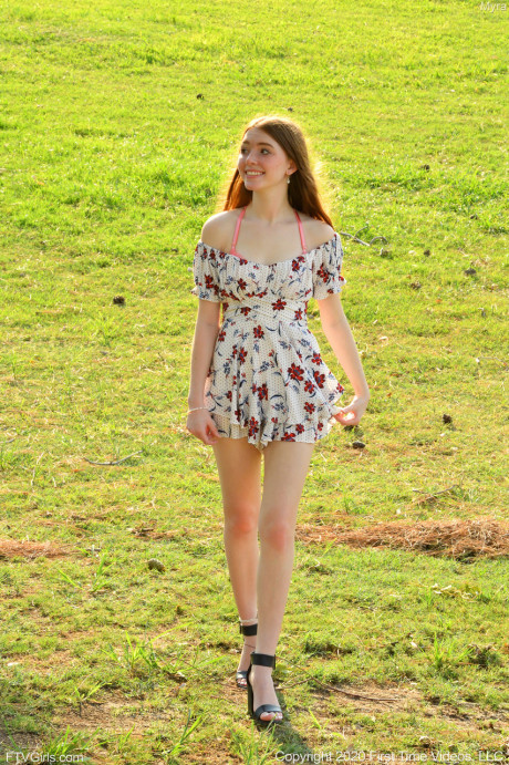 Glamorous young Myra peels off her beautiful summer dress to pose naked outdoors - #1293749