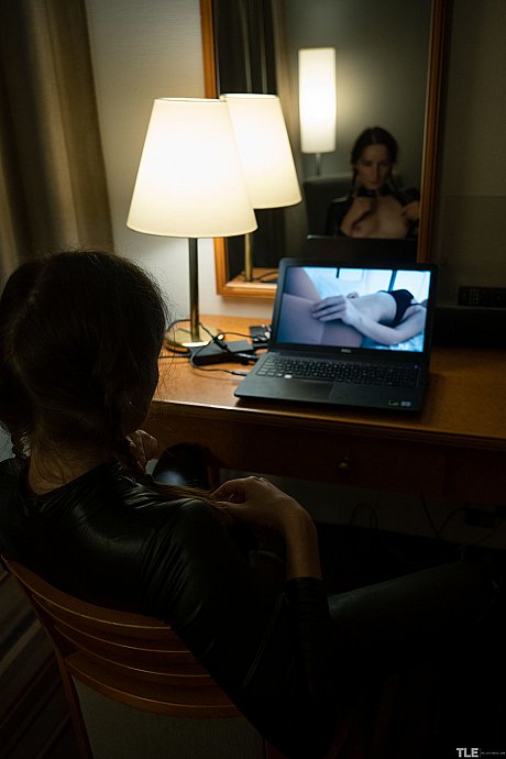 Brunette lady girl lady with small breasts Aglona masturbates to porn in a leather catsuit - Image 4 of 20  in Teen category   featuring Aglona 