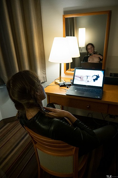 Brunette lady girl lady with small breasts Aglona masturbates to porn in a leather catsuit - Image 6 of 20  in Teen category   featuring Aglona 