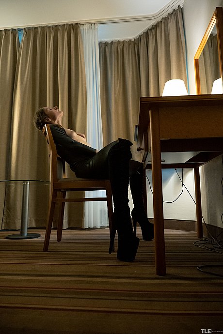 Brunette lady girl lady with small breasts Aglona masturbates to porn in a leather catsuit - Image 9 of 20  in Teen category   featuring Aglona 