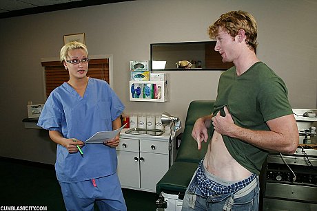 Dirty blondie babe in nurse uniform and glasses jerking off a enormous cock - Image 1 of 16  in Handjob category   featuring Adam Sharps, JC Simpson 