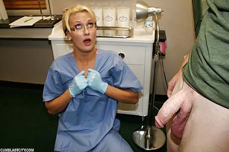 Dirty blondie babe in nurse uniform and glasses jerking off a enormous cock - Image 16 of 16  in Handjob category   featuring Adam Sharps, JC Simpson 