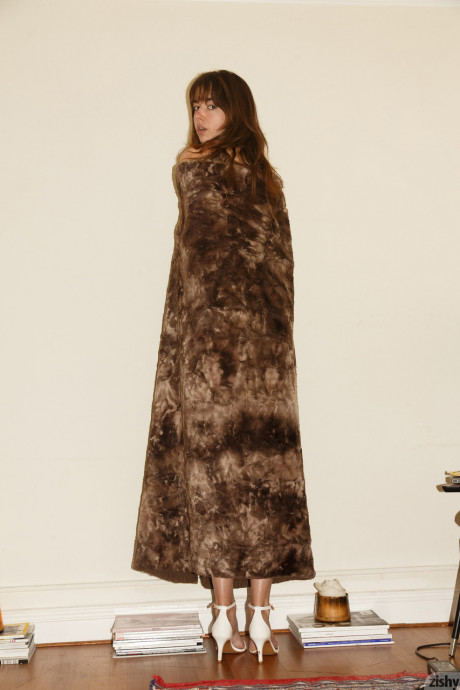 Brunette French babe Marie Boitte	strips her fur coat & undergarment to pose naked - #945027