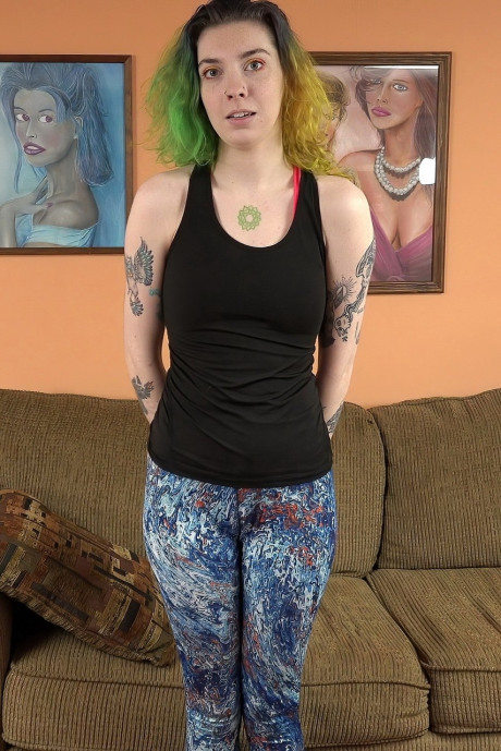 Green-haired amateur Mikaela shows her tattoos and licks a penis in POV - #589361