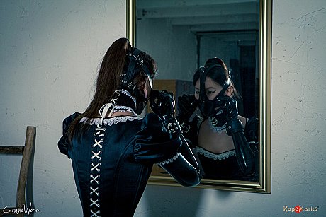 Korean model poses for a solo shoot in a kinky rubber maid outfit - Image 11 of 16  in Legs category  