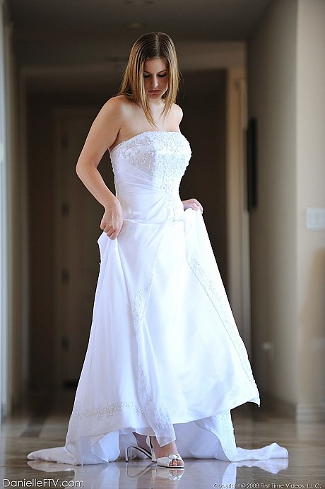 Busty glamorous amateur Danielle models wedding gown indoors & by the pool - Image 7 of 16  in Outdoor category   featuring Danielle 
