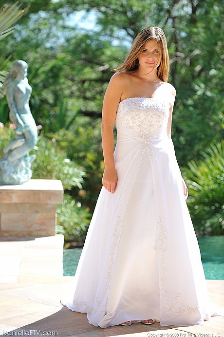 Busty glamorous amateur Danielle models wedding gown indoors & by the pool - Image 13 of 16  in Outdoor category   featuring Danielle 