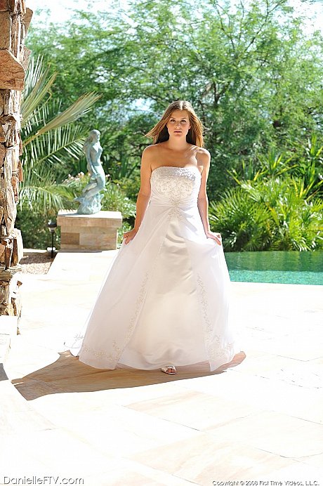 Busty glamorous amateur Danielle models wedding gown indoors & by the pool - Image 16 of 16  in Outdoor category   featuring Danielle 