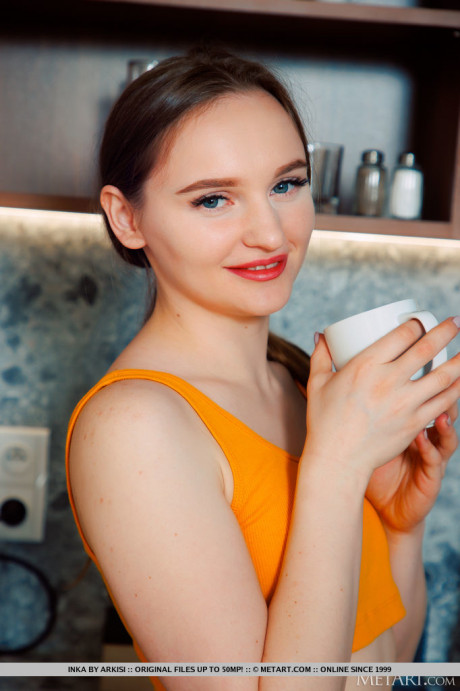 Cute young Inka gets totally naked over a cup of coffee in the kitchenette - #1006762
