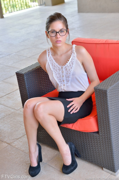 Skinny teen in glasses Shyla fists her shaved clam on an outdoor bench - #1393926