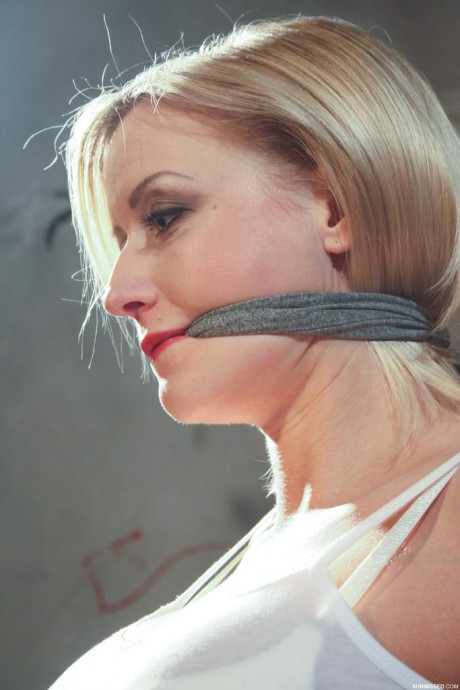 Tied and gagged female has her large breasts and erect nipples exposed for her - #303321