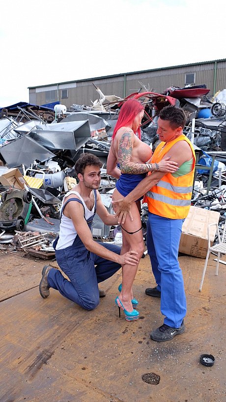 Ginger Head MILF with tattoos and fake boobies gets fucked in a junk yard 3some - Image 9 of 21  in Outdoor category   featuring Julia Exclusiv 