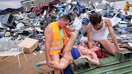 Ginger Head MILF with tattoos and fake boobies gets fucked in a junk yard 3some - Image 14 of 21  in Outdoor category   featuring Julia Exclusiv 