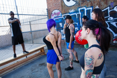 Purple headed Larkin Love looses boob playing ball & gets nailed by the coach - #1464551